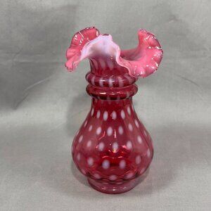 Vtg Fenton Art Glass Vase Polka Dot 1466 Ring Neck Cranberry Pink Opalescent